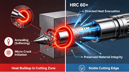 3D cross-section infographic comparing the heat buildup and resulting damage (annealing, micro-cracks) from traditional flood cooling (left) with the effective heat evacuation and preserved material integrity achieved by proprietary high-pressure through-tool coolant strategies (right) in high-hardness machining.