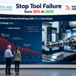 Engineering and project leaders analyze a real-time dashboard showing 200% tool life improvement and 30% cost savings in high-hardness thread machining, with live 5-axis CNC footage, in a modern certified facility.