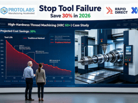 Engineering and project leaders analyze a real-time dashboard showing 200% tool life improvement and 30% cost savings in high-hardness thread machining, with live 5-axis CNC footage, in a modern certified facility.