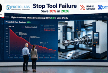 Engineering and project leaders analyze a real-time dashboard showing 200% tool life improvement and 30% cost savings in high-hardness thread machining, with live 5-axis CNC footage, in a modern certified facility.