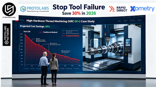 Engineering and project leaders analyze a real-time dashboard showing 200% tool life improvement and 30% cost savings in high-hardness thread machining, with live 5-axis CNC footage, in a modern certified facility.