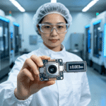 Female engineer inspecting a precision electronic component with ±0.003mm tolerance in a cleanroom CNC workshop.