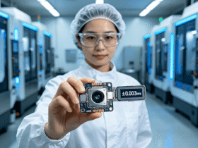 Female engineer inspecting a precision electronic component with ±0.003mm tolerance in a cleanroom CNC workshop.