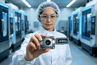 Female engineer inspecting a precision electronic component with ±0.003mm tolerance in a cleanroom CNC workshop.