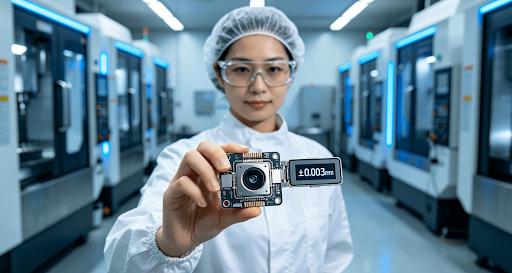 Female engineer inspecting a precision electronic component with ±0.003mm tolerance in a cleanroom CNC workshop.