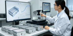 Female quality engineer performing CMM inspection on aluminum heat sinks with real-time SPC dashboard showing CPK ≥ 1.67.
