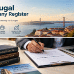 Portugal company register guide showing Lisbon skyline, Portuguese flag, business registration documents, and company setup process for entrepreneurs.