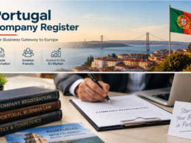 Portugal company register guide showing Lisbon skyline, Portuguese flag, business registration documents, and company setup process for entrepreneurs.