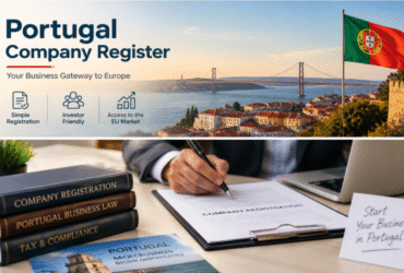 Portugal company register guide showing Lisbon skyline, Portuguese flag, business registration documents, and company setup process for entrepreneurs.