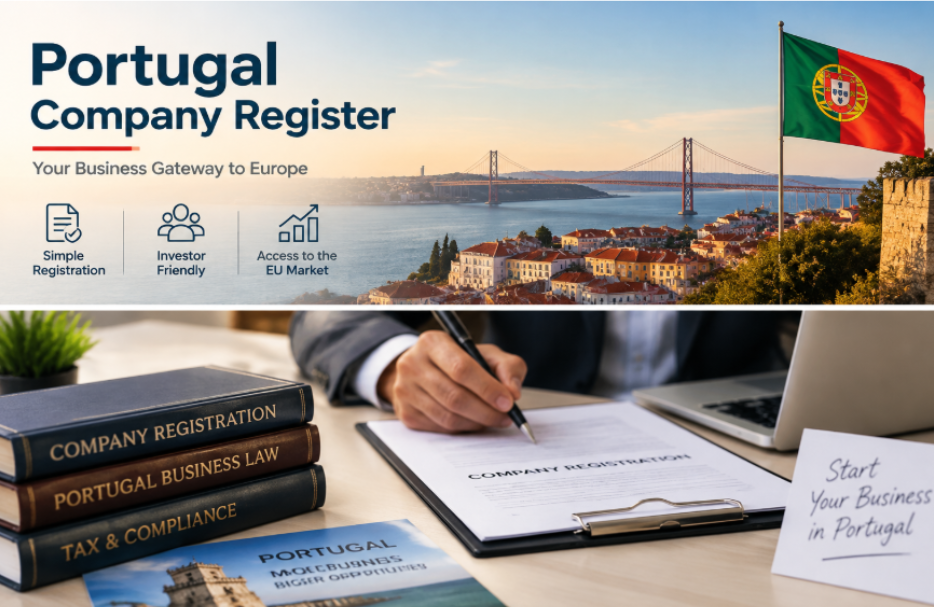 Portugal company register guide showing Lisbon skyline, Portuguese flag, business registration documents, and company setup process for entrepreneurs.