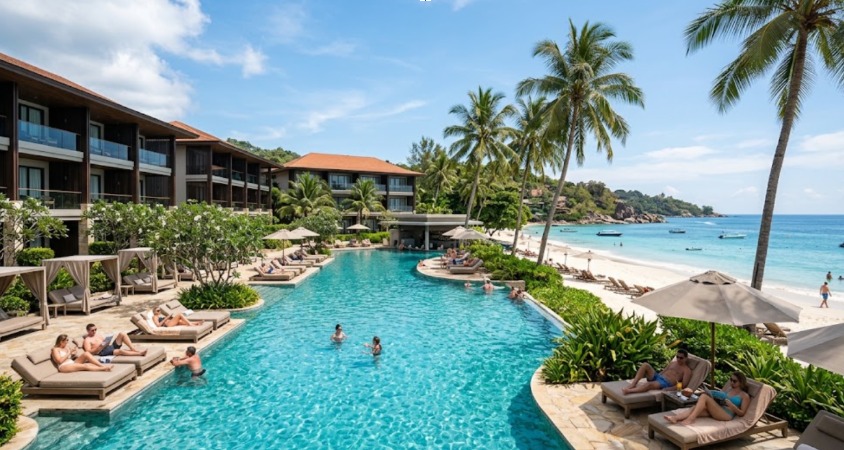 Couple planning cheap holidays at a modern hotel